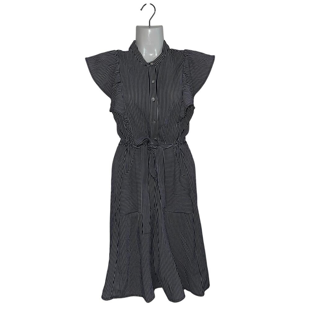 Monteau Navy White Striped Flutter Sleeve Dress Tie Waist XS Nautical Coastal